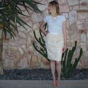 Kora Rae Women’s WOOL SILK Blend Beige Lace‎ Pencil Skirt USA MADE No Size Tag S